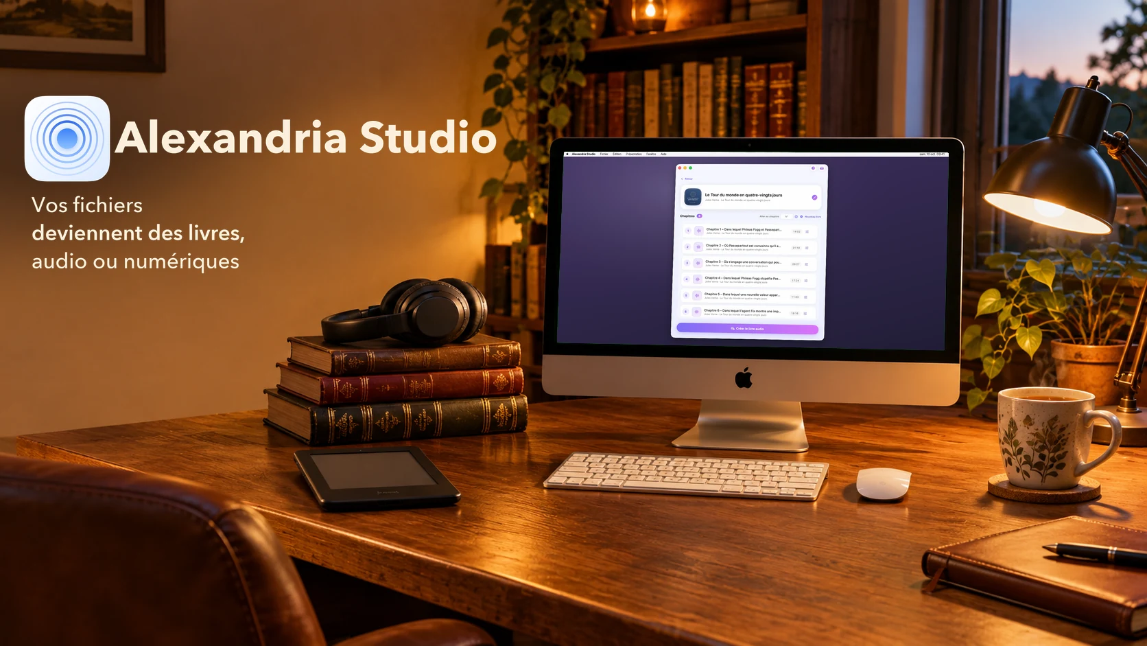 Alexandria Studio sur un iMac, dans un coin lecture avec des livres et un casque