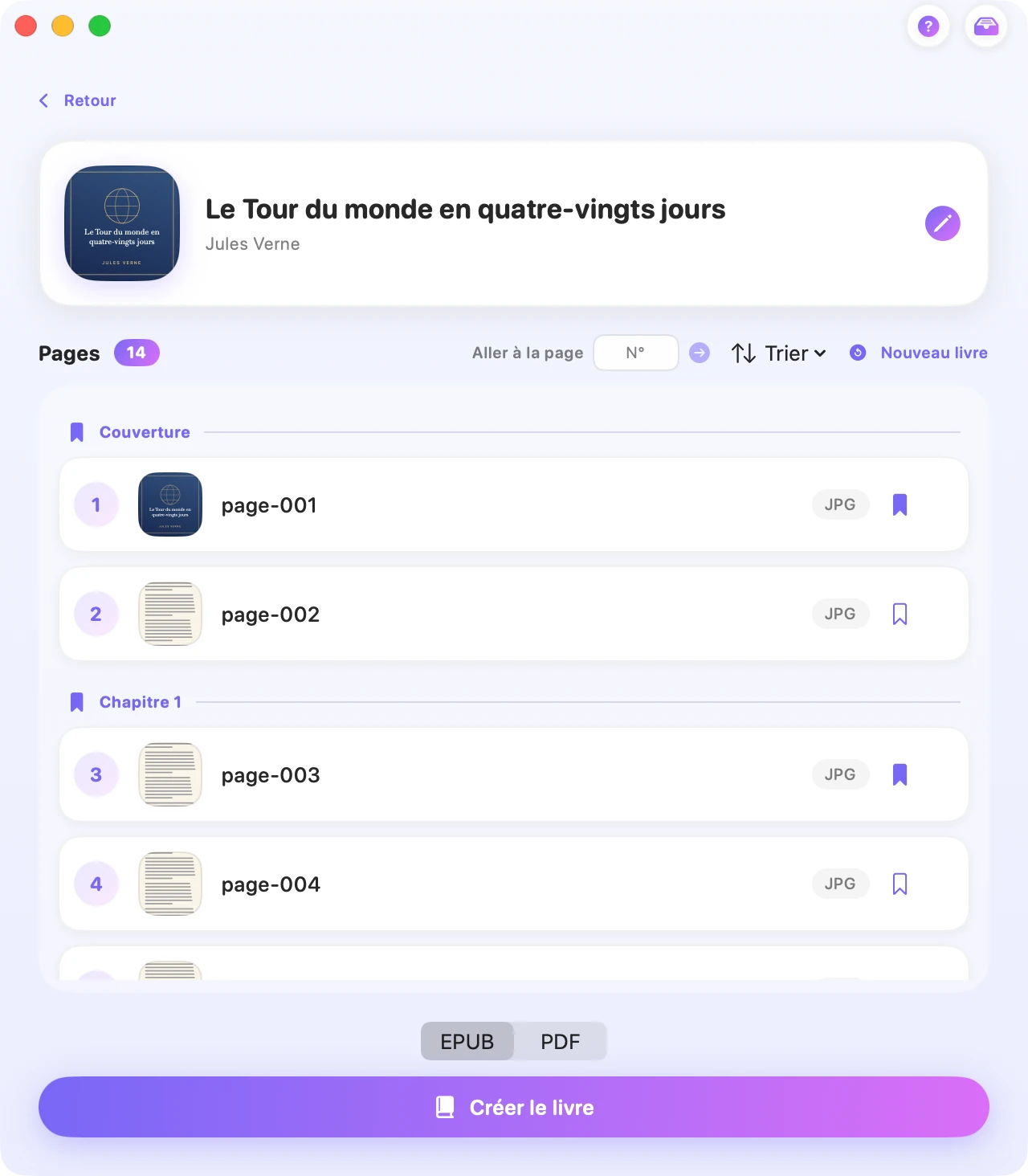 Un livre numérique en préparation : la couverture et les pages rangées par chapitres