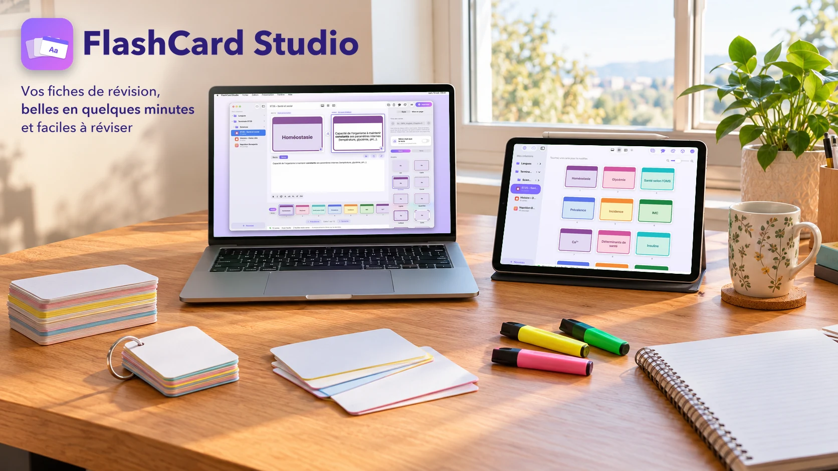FlashCard Studio sur Mac et iPad, sur un bureau avec des flashcards imprimées