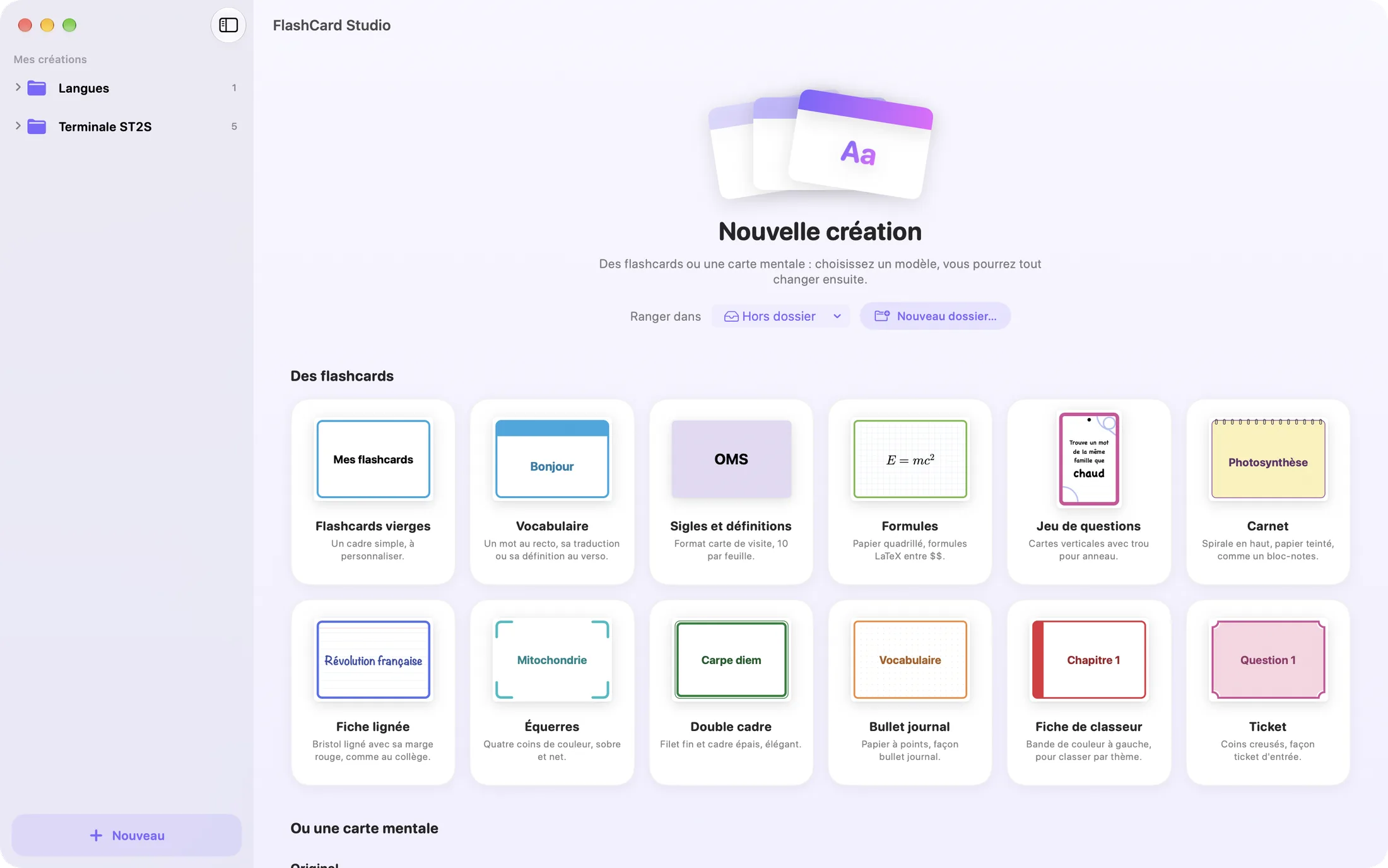 L'écran « Nouvelle création » : modèles de flashcards et de cartes mentales