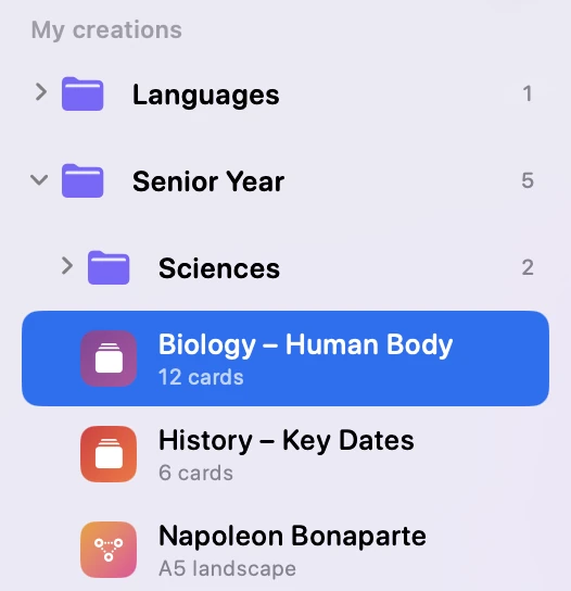 The sidebar: folders and subfolders containing decks and a mind map