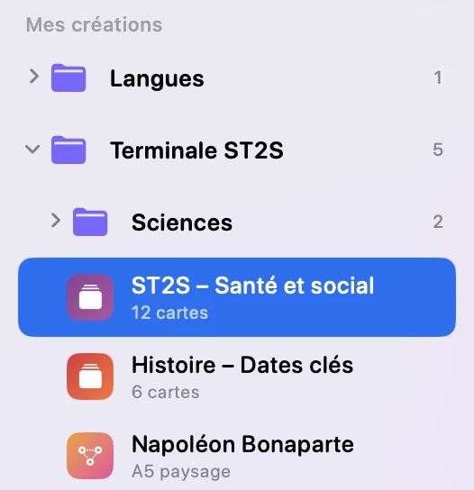 La barre latérale : des dossiers et sous-dossiers qui contiennent des flashcards et une carte mentale