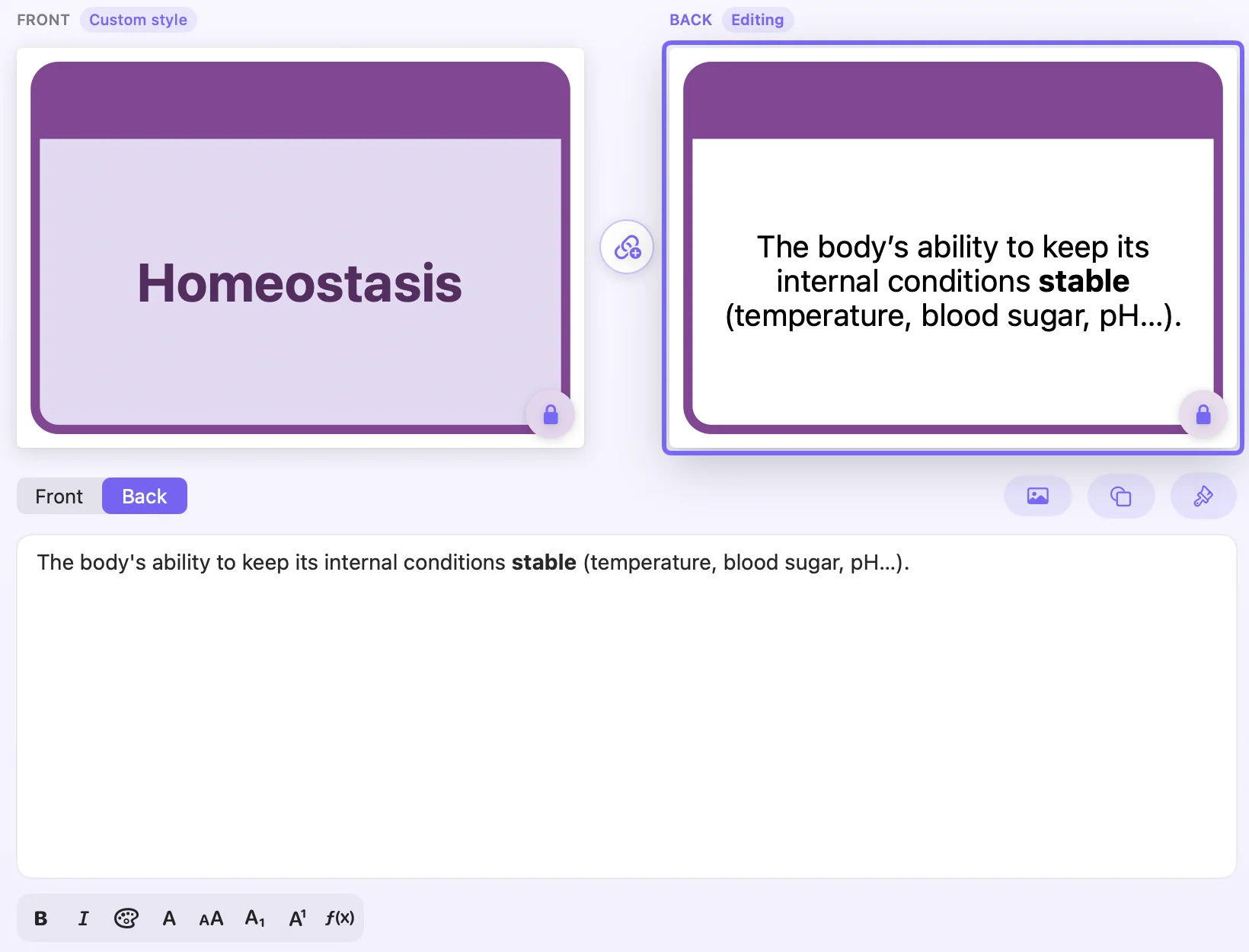 The front and back of a card, the back being edited in the single text field, where the bold word is already shown in bold