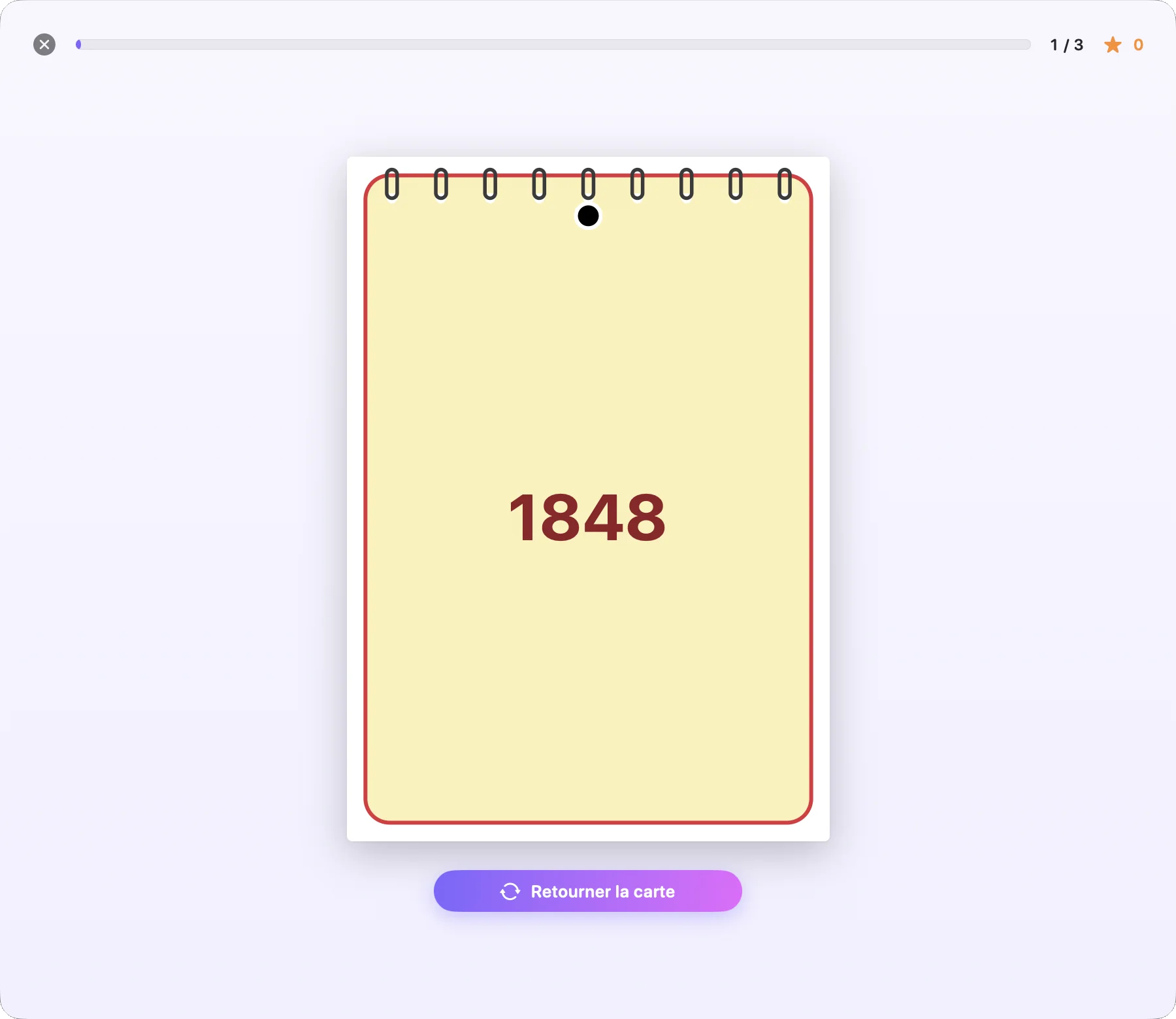 Le quiz : une carte à retourner, avec la progression de la série