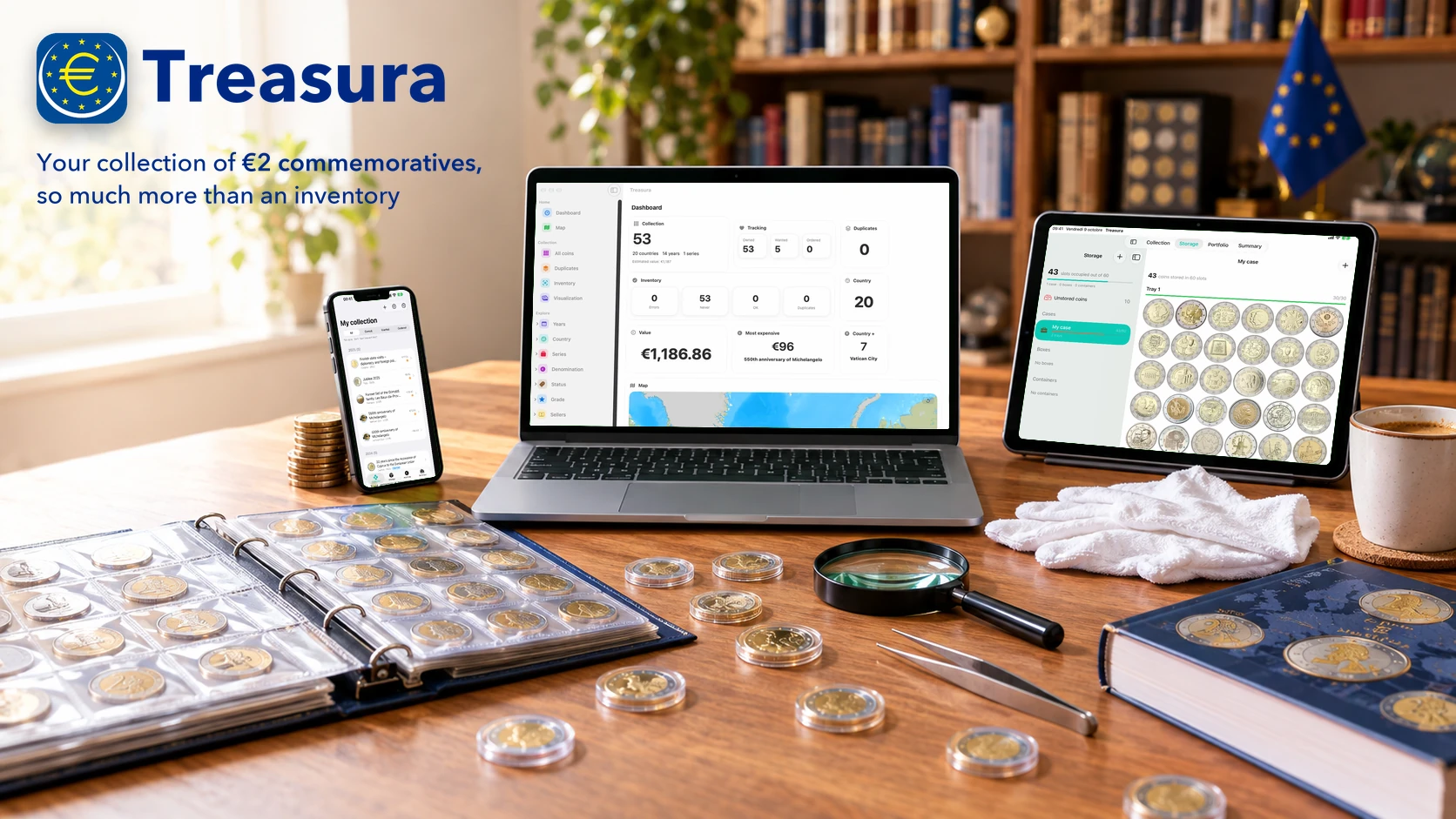 Treasura on Mac, iPad and iPhone, on a collector’s desk