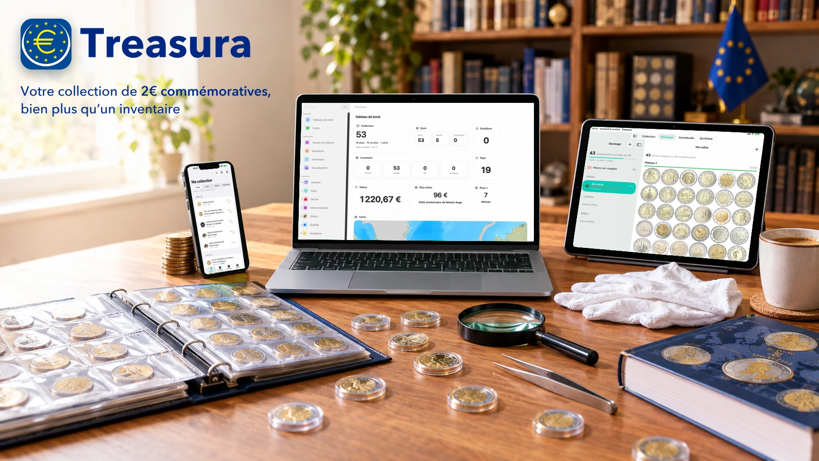 Treasura sur Mac, iPad et iPhone, sur le bureau d’un collectionneur